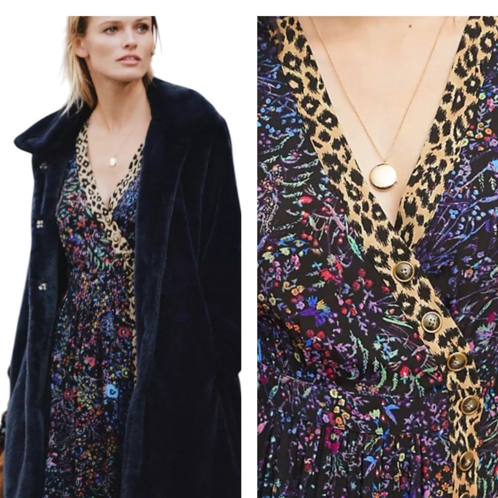 Anthropologie Black Floral Midi Dress with Leopard Trim